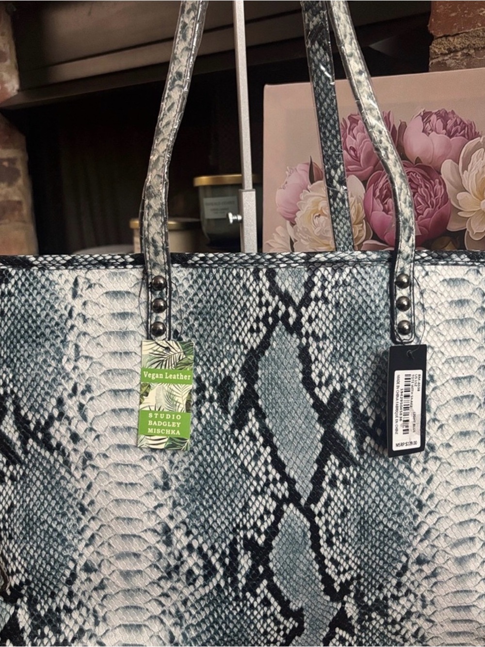 Badgley Mischka Blue Gray Snake-Print Vegan Tote